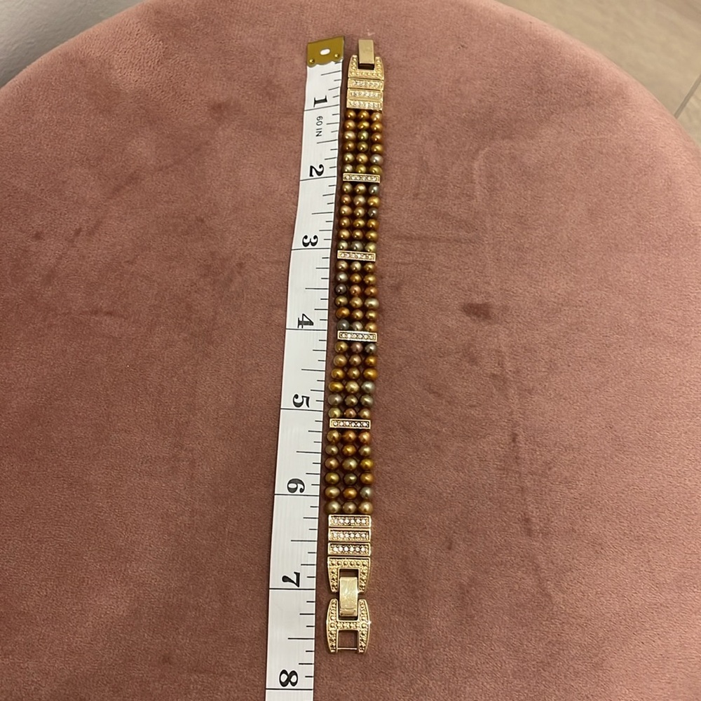 Gold Tone Three Strand Bracelet with Cultured Pearls and Rhinestones - Picture 16 of 16